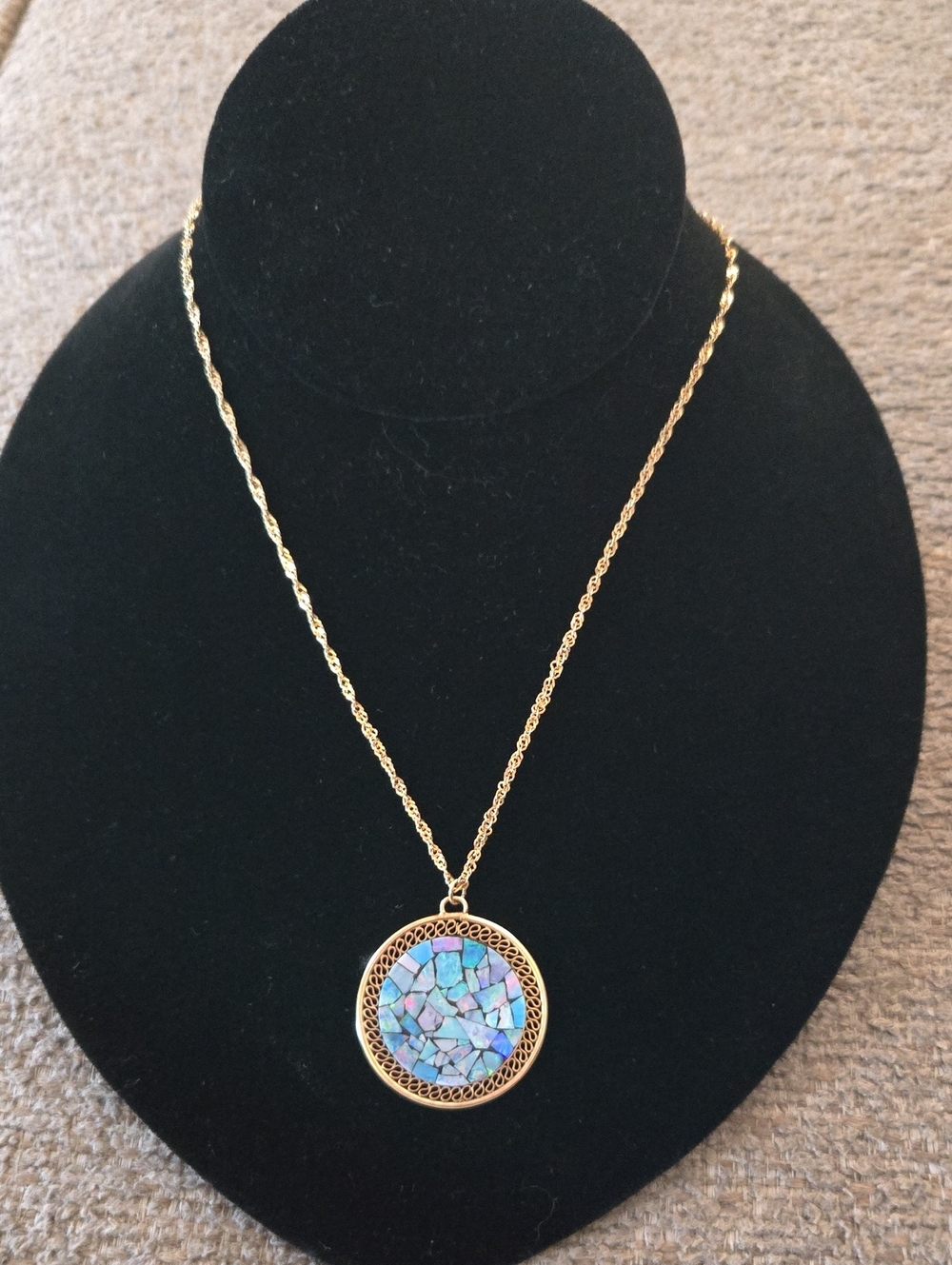 14k Gold Necklace and 14k Australian Opal Mosaic Pendant .
